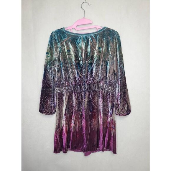 One World Y2K Velvet Empire Waist Puff Sleeve V Neck Peacock Print Tunic Top - Picture 7 of 8